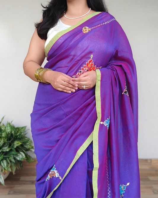 Purple Dual Tone Printed Patchwork Soft Cotton Saree