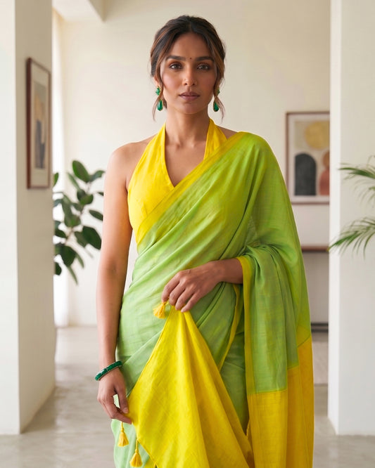 Parrot Green and Yellow Handwoven Khadi Cotton Saree