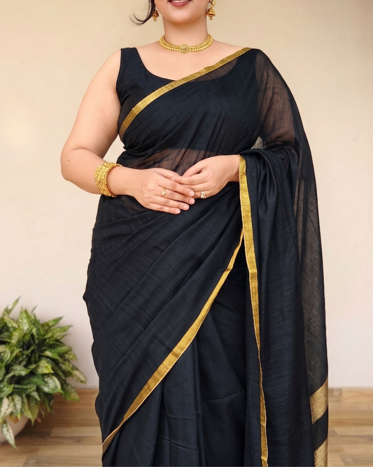 Black Slub Cotton Saree With Gold Zari Pallu