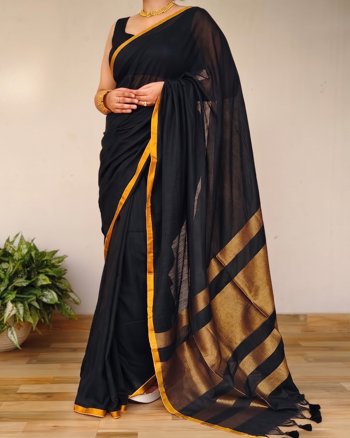Black Slub Cotton Saree With Gold Zari Pallu