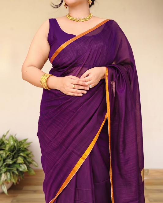 Purple Slub Cotton Saree With Gold Zari Pallu