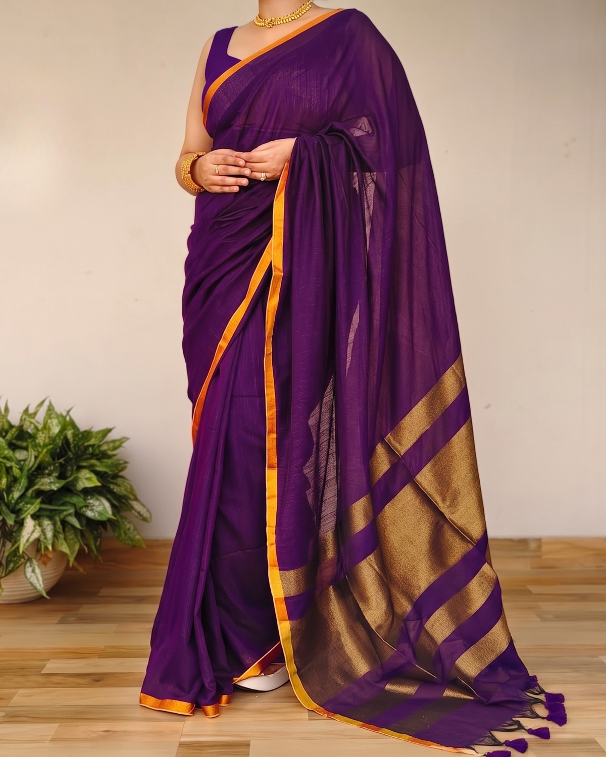 Purple Slub Cotton Saree With Gold Zari Pallu