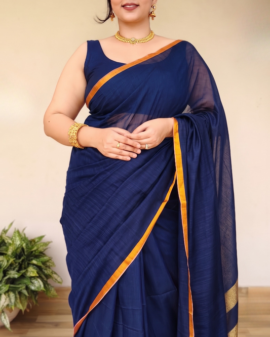 Navy Blue Slub Cotton Saree With Gold Zari Pallu