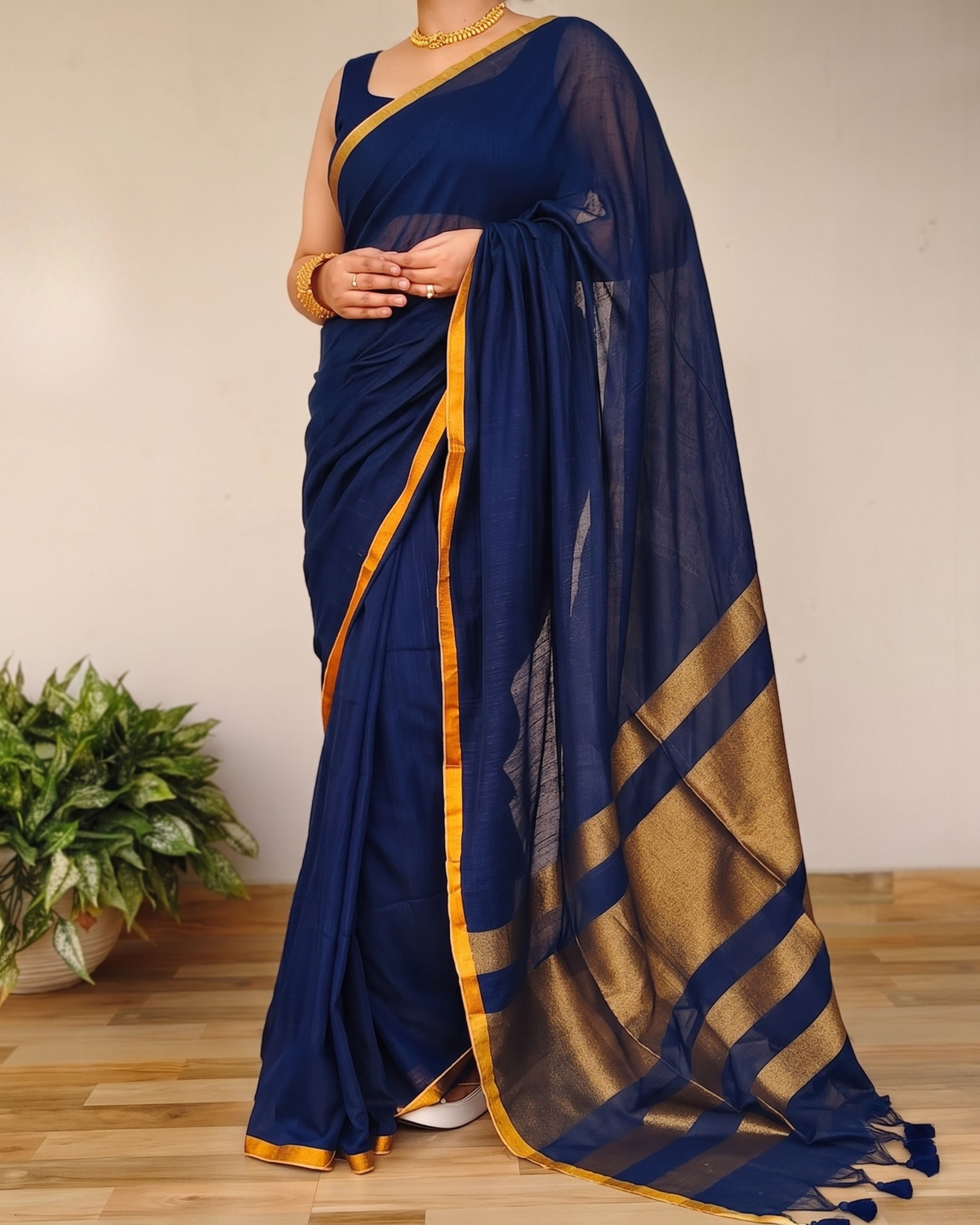 Navy Blue Slub Cotton Saree With Gold Zari Pallu