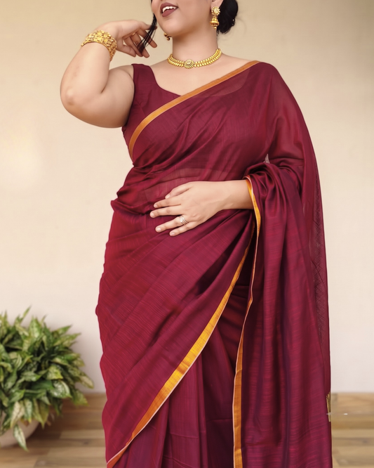 Maroon Slub Cotton Saree With Gold Zari Pallu