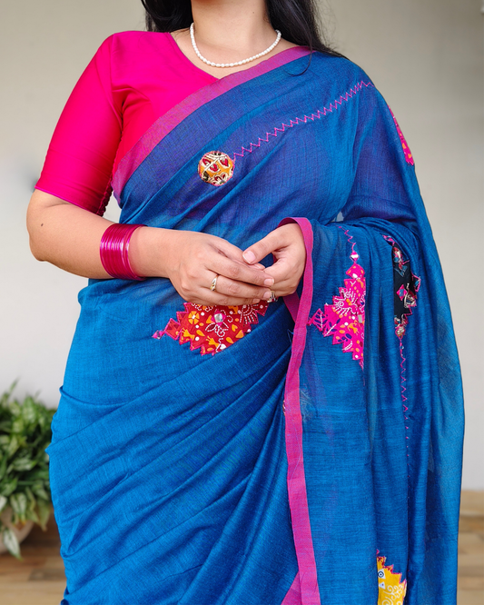 Blue Printed Patchwork Soft Cotton Saree