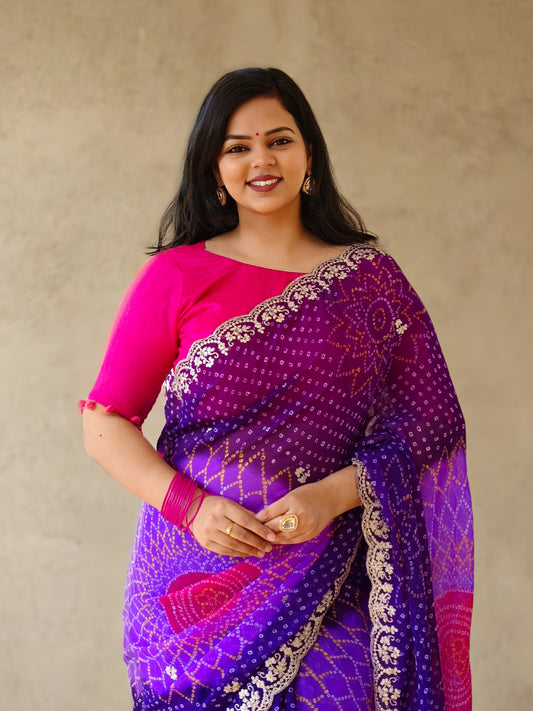 Purple And Pink Bandhani Printed Georgette Saree