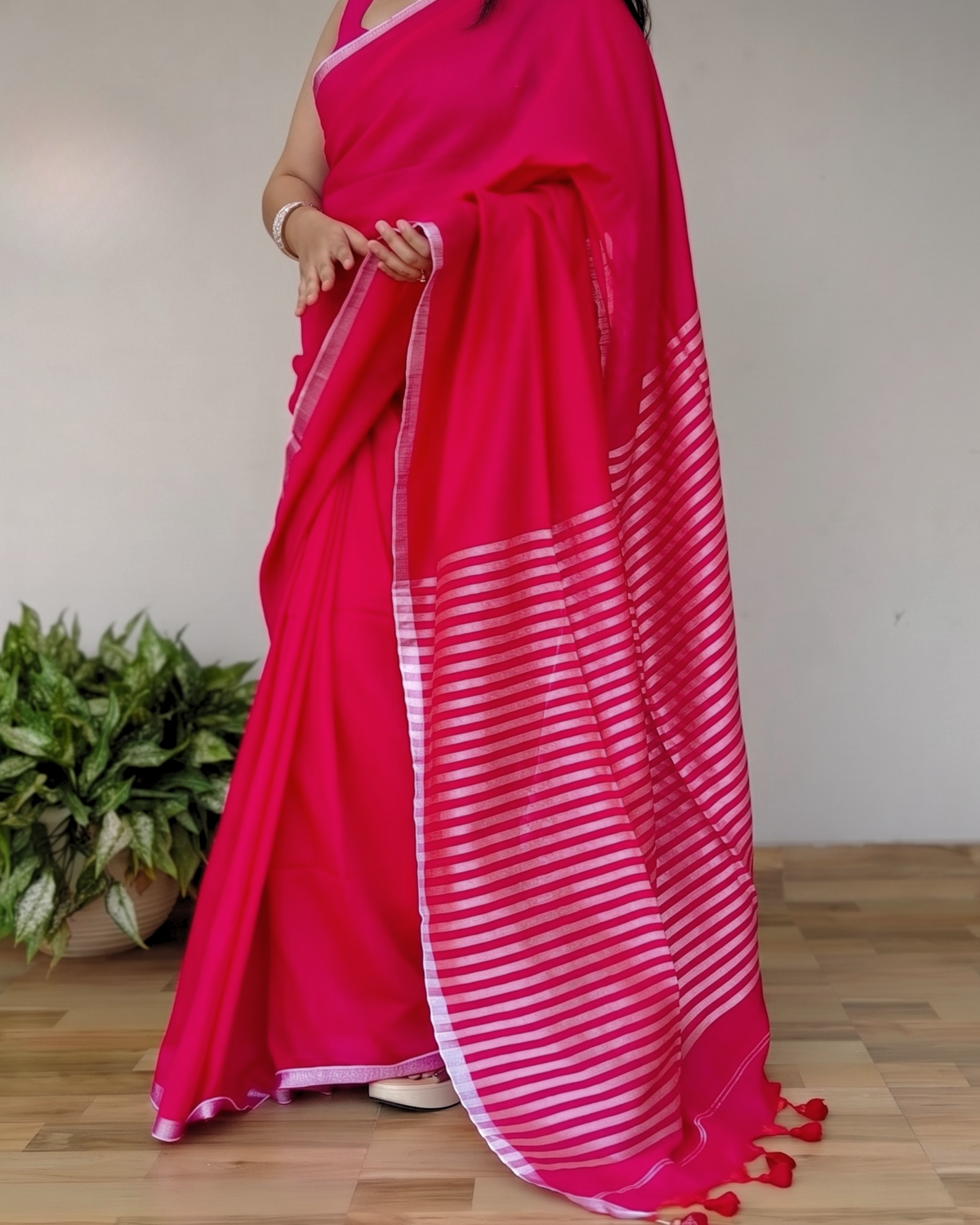 Rani Pink Slub Cotton Saree With Silver Zari Pallu