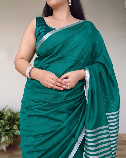 Teal Green Slub Cotton Saree With Silver Zari Pallu