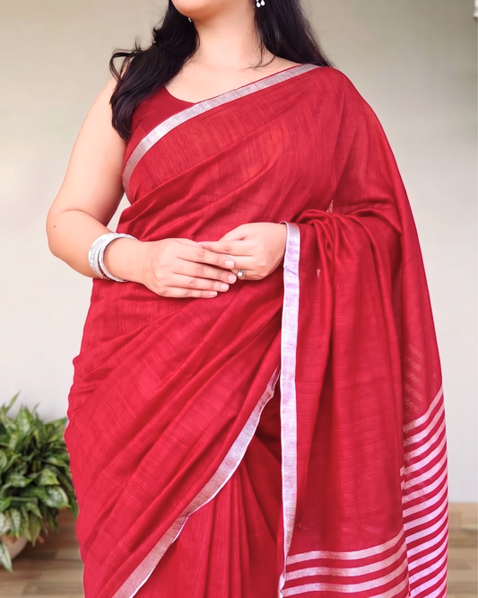 Red Slub Cotton Saree With Silver Zari Pallu