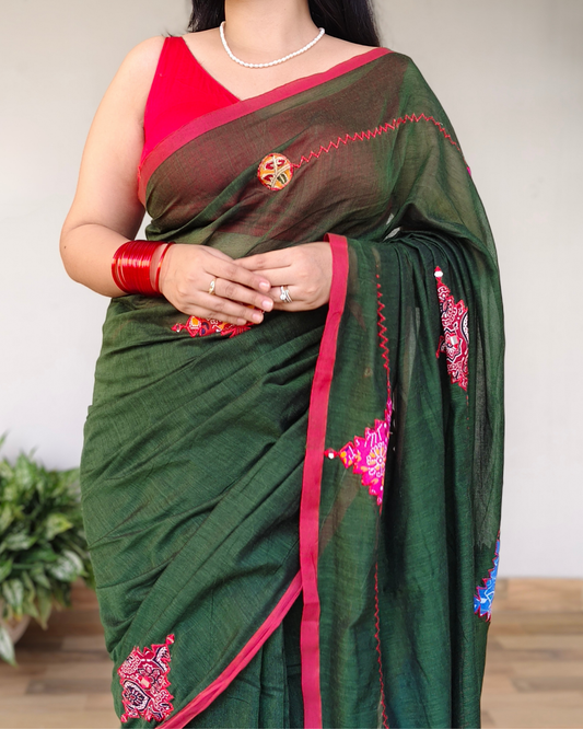 Bottle Green Printed Patchwork Soft Cotton Saree