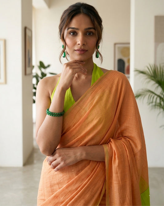 Orange and Neon Green Handwoven Khadi Cotton Saree
