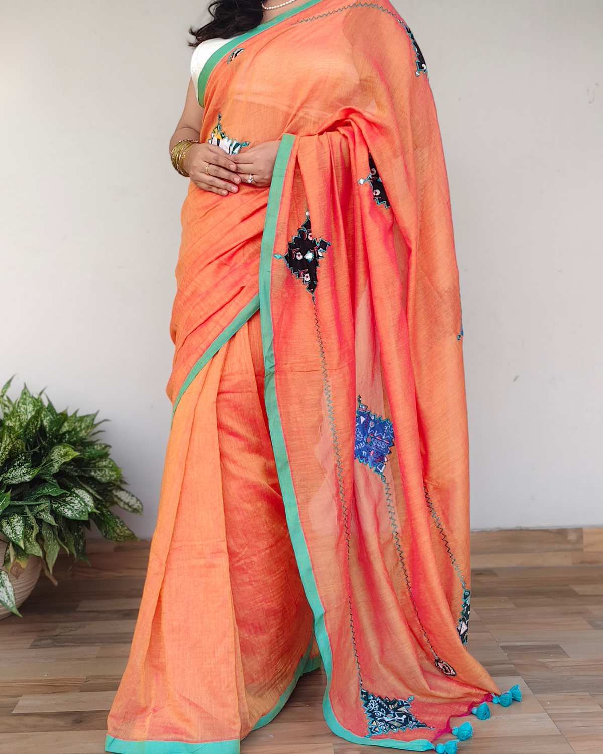Orange Dual Tone Printed Patchwork Soft Cotton Saree