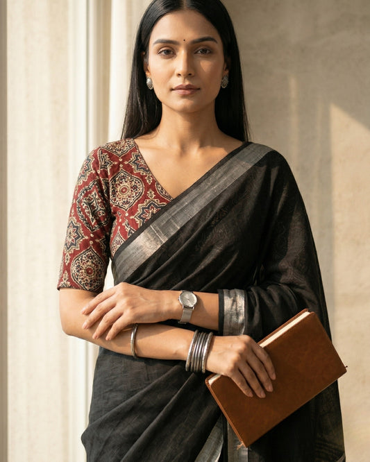 Black Pure Linen Saree With Handblock Printed Blouse Piece