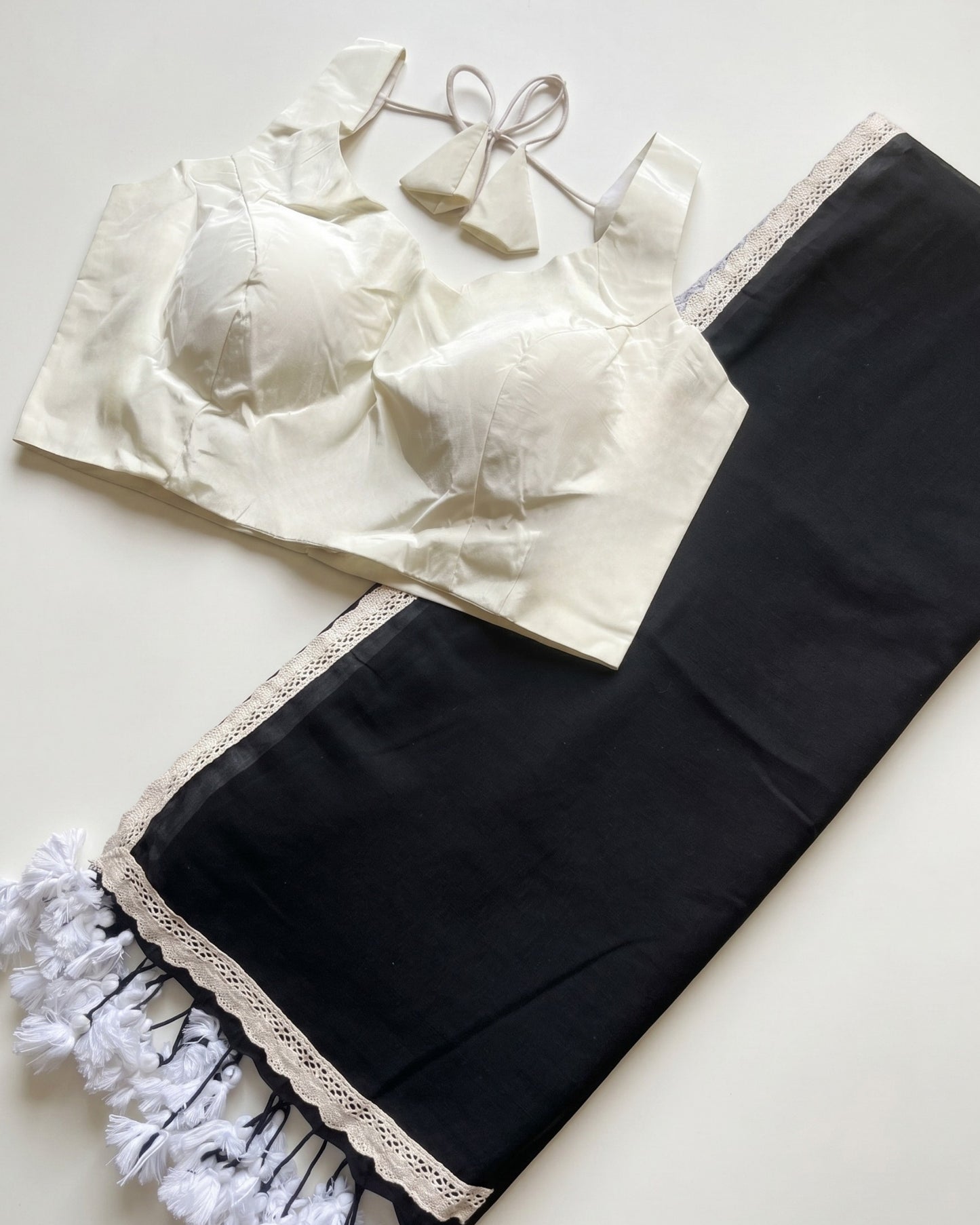 Black Mulcotton Lace Saree + Off White Crepe Blouse Combo