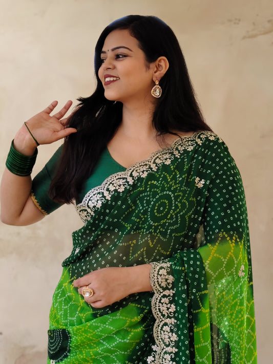 Bottle Green And Light Green Bandhani Printed Georgette Saree