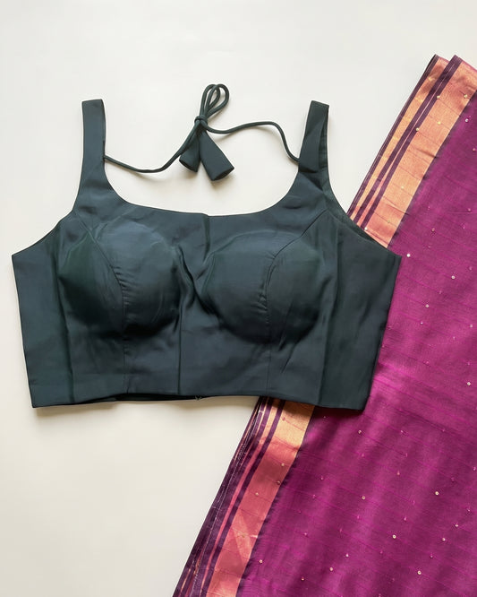 Deep Pink Sequin Handloom Cotton Saree + Dark Green Satin Blouse Combo