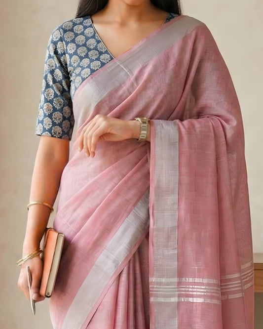Dusty Pink Pure Linen Saree With Handblock Printed Blouse Piece