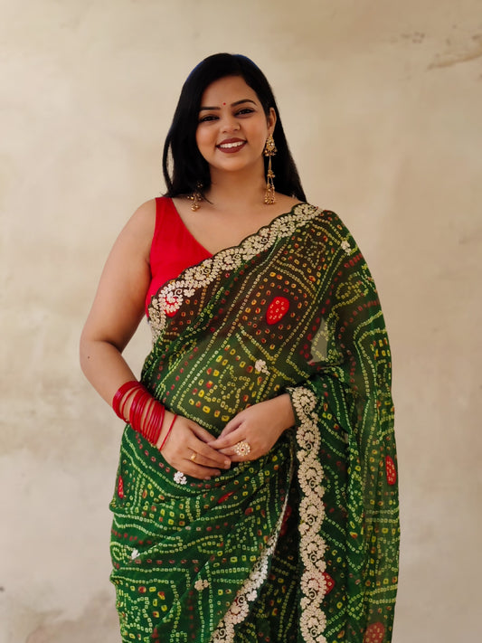 Green Bandhani Printed Georgette Saree