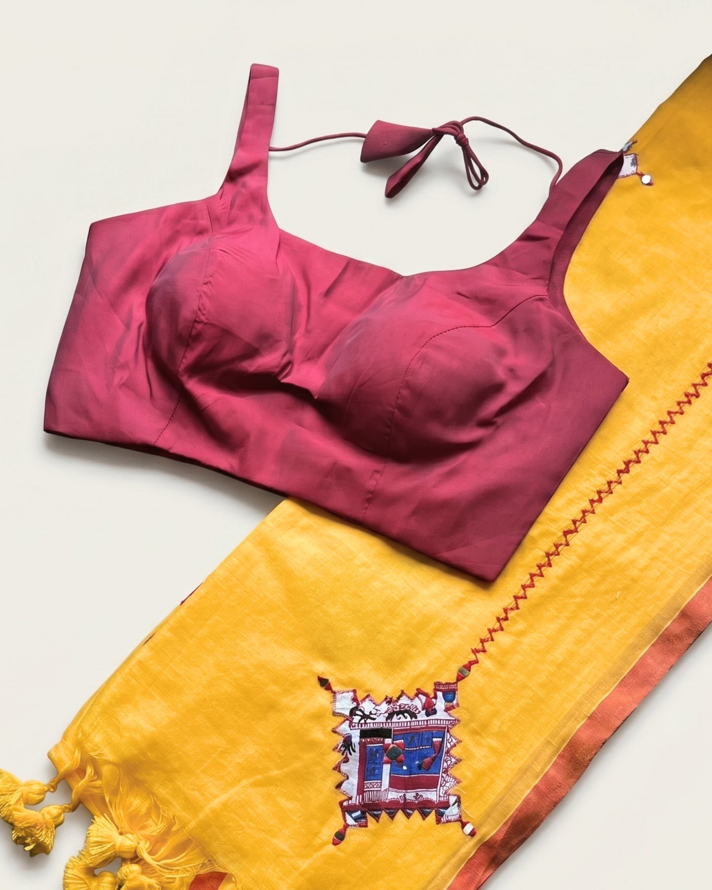Haldi Yellow Patchwork Handloom Cotton Saree + Red Satin Blouse Combo