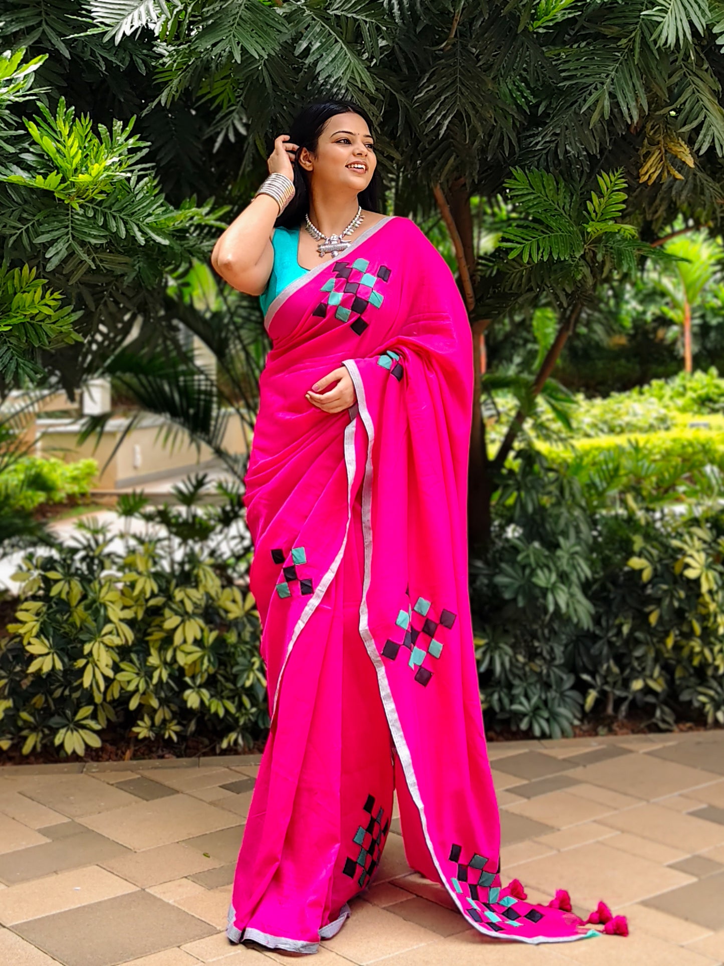 Rani Pink Patchwork Soft Cotton Saree