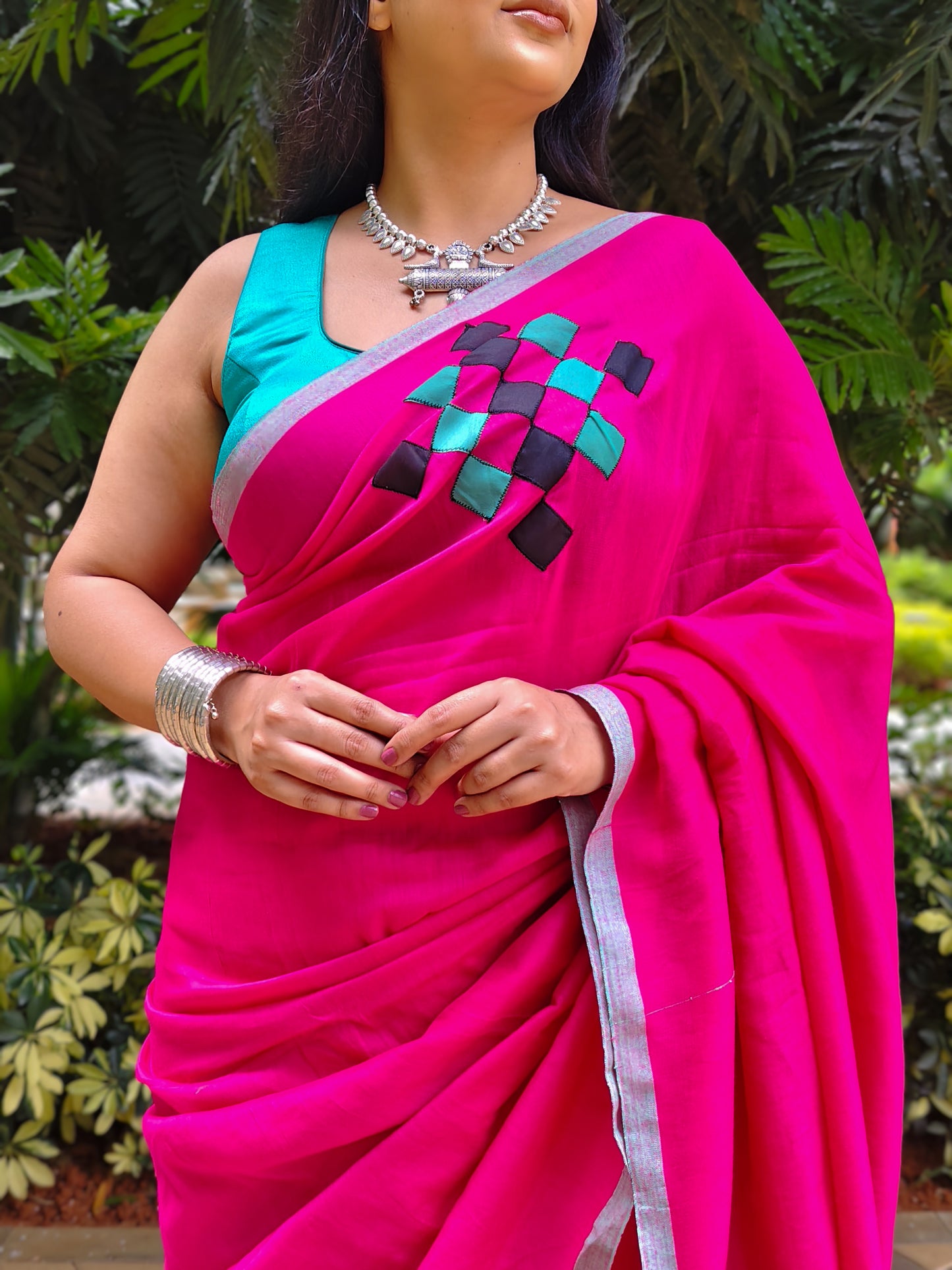 Rani Pink Patchwork Soft Cotton Saree