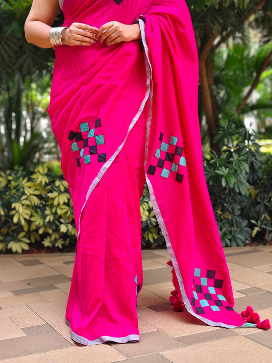 Rani Pink Patchwork Soft Cotton Saree