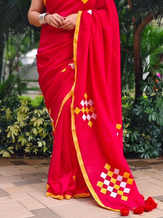 Laal Patchwork Soft Cotton Saree