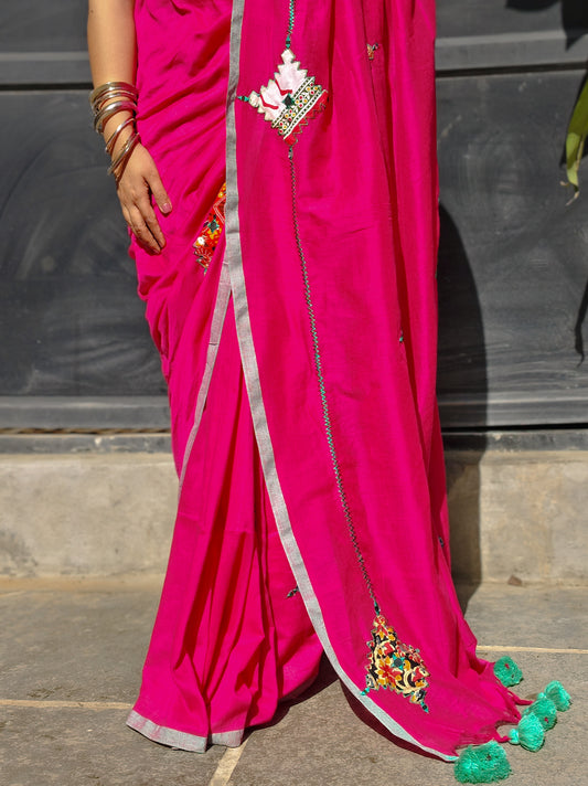 Rani Pink Printed Patchwork Soft Cotton Saree