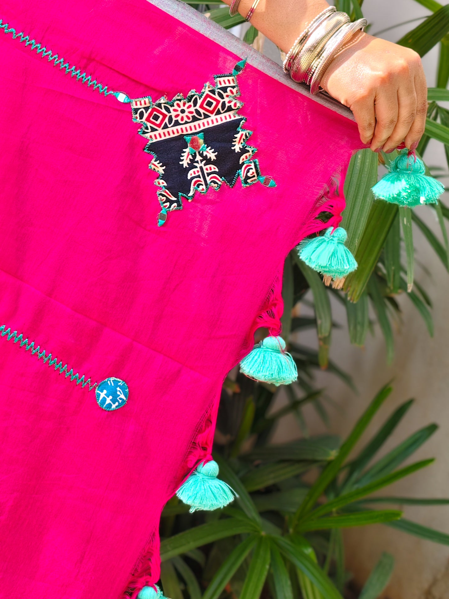 Rani Pink Printed Patchwork Soft Cotton Saree