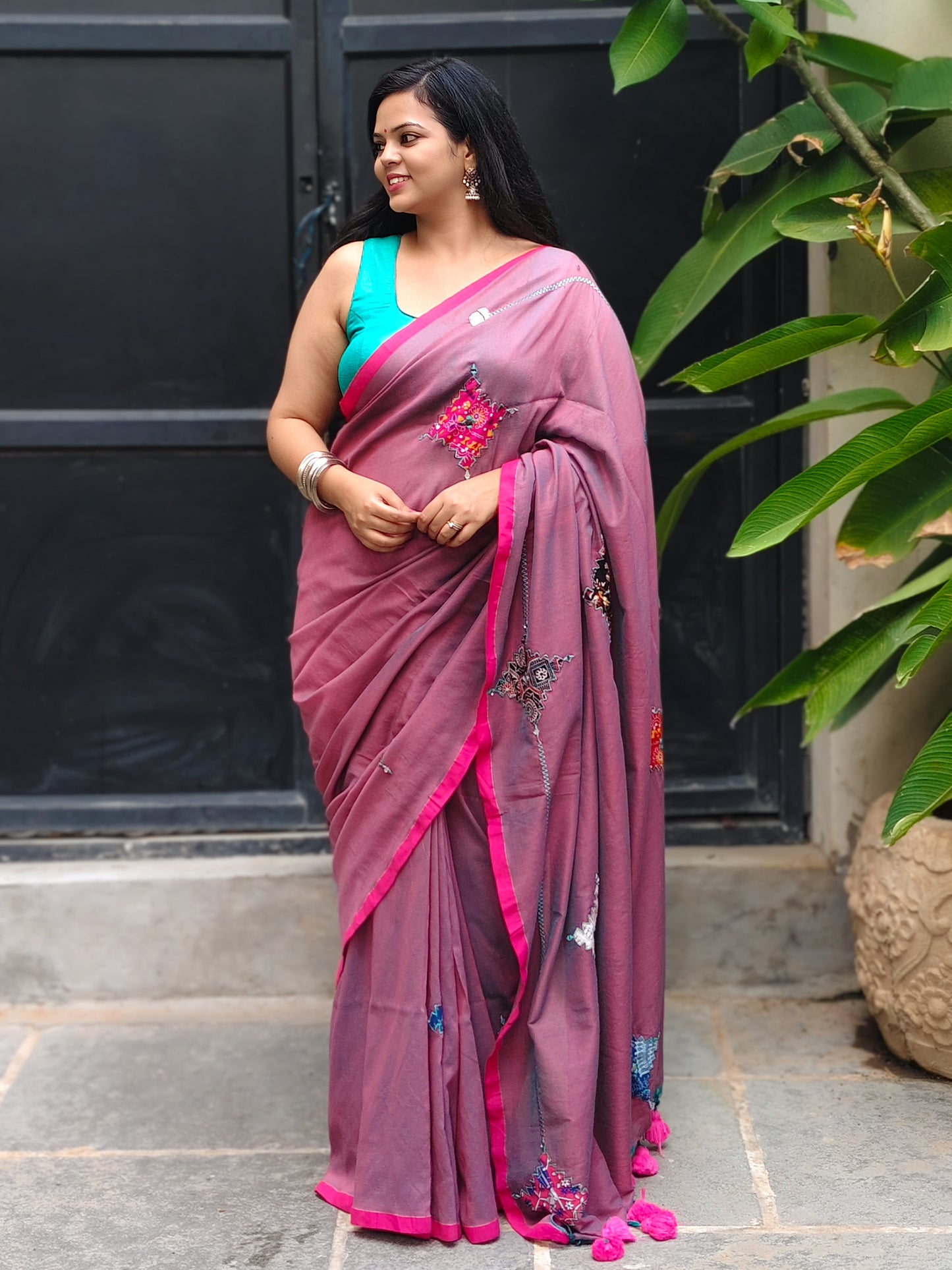 Mauve Dual Tone Printed Patchwork Soft Cotton Saree