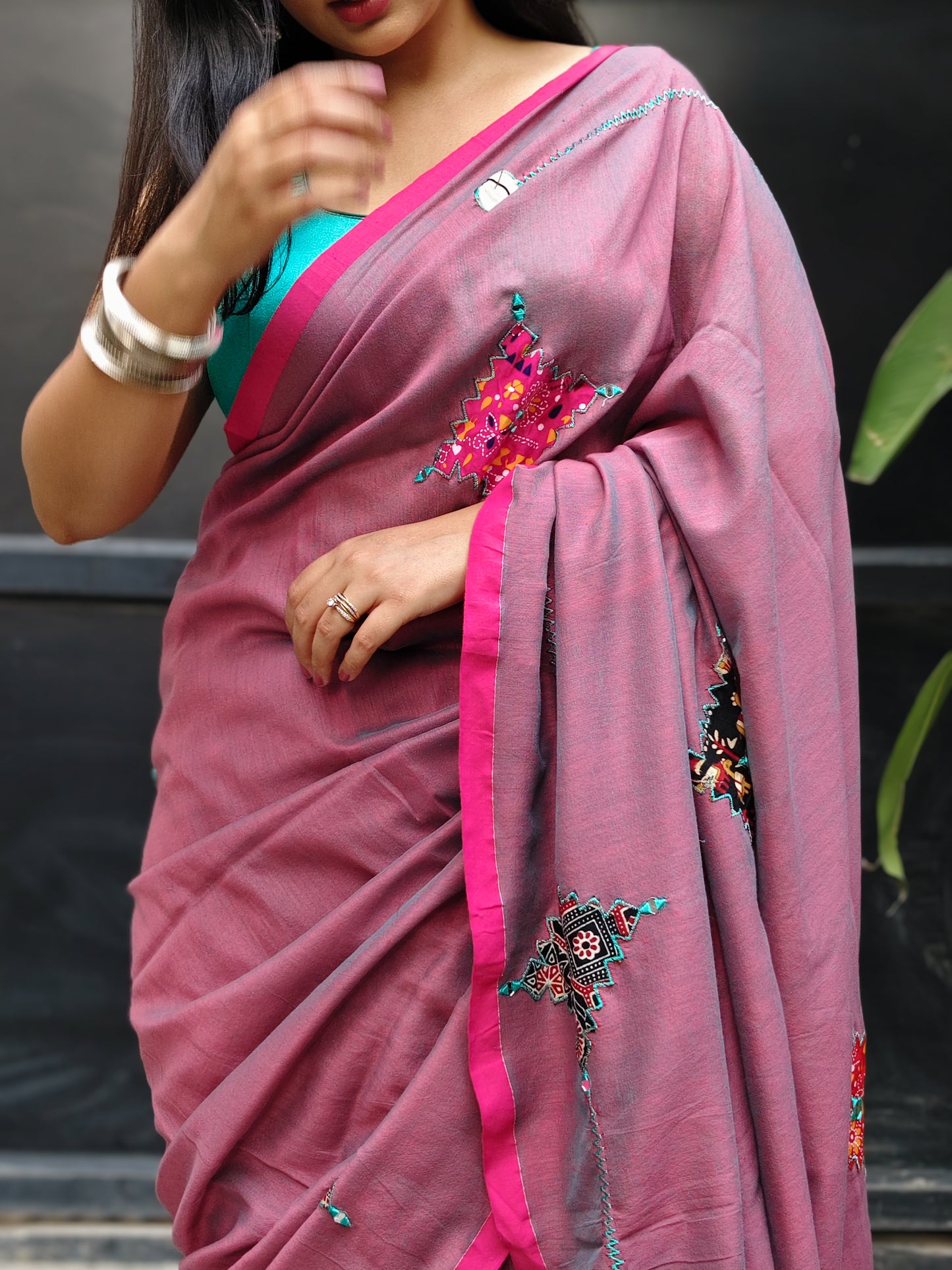 Mauve Dual Tone Printed Patchwork Soft Cotton Saree