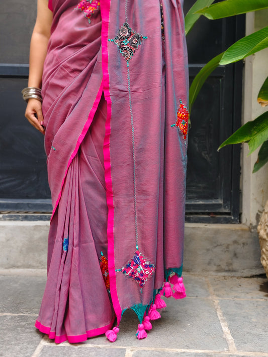 Mauve Dual Tone Printed Patchwork Soft Cotton Saree