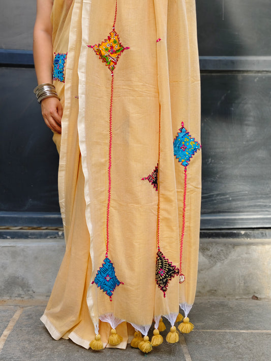 Beige Printed Patchwork Soft Cotton Saree