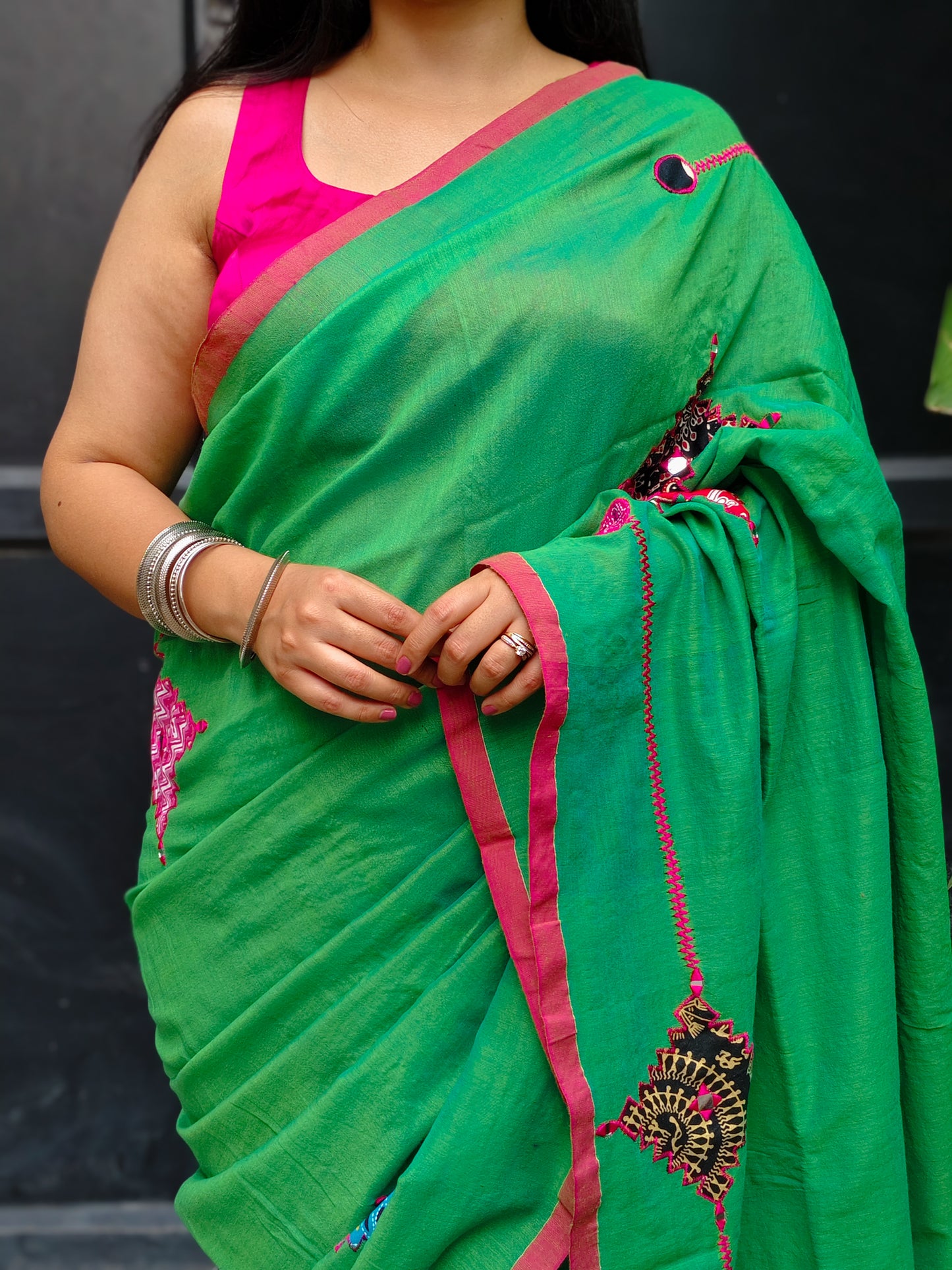 Tota Green Dual Tone Printed Patchwork Soft Cotton Saree