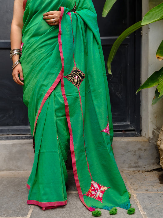 Tota Green Dual Tone Printed Patchwork Soft Cotton Saree