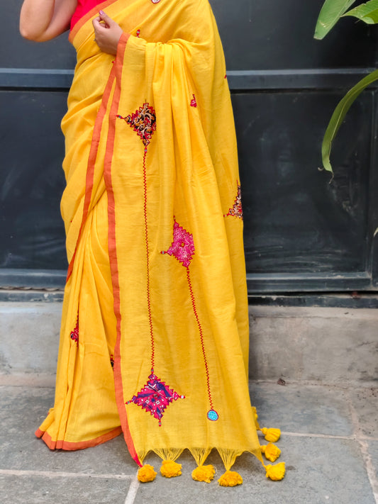 Haldi Yellow Printed Patchwork Soft Cotton Saree