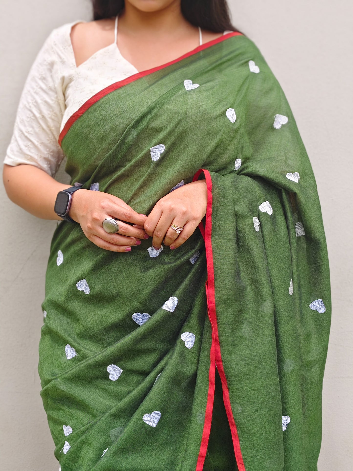 Mehendi Green Heart Embroidered Soft Cotton Saree