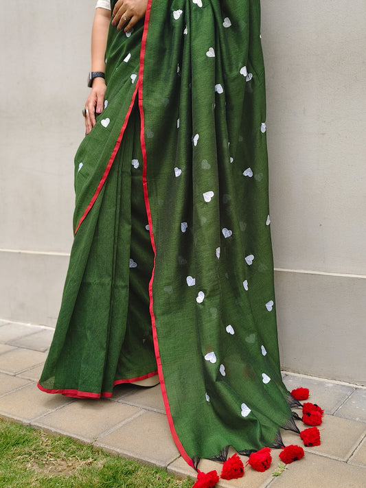 Mehendi Green Heart Embroidered Soft Cotton Saree