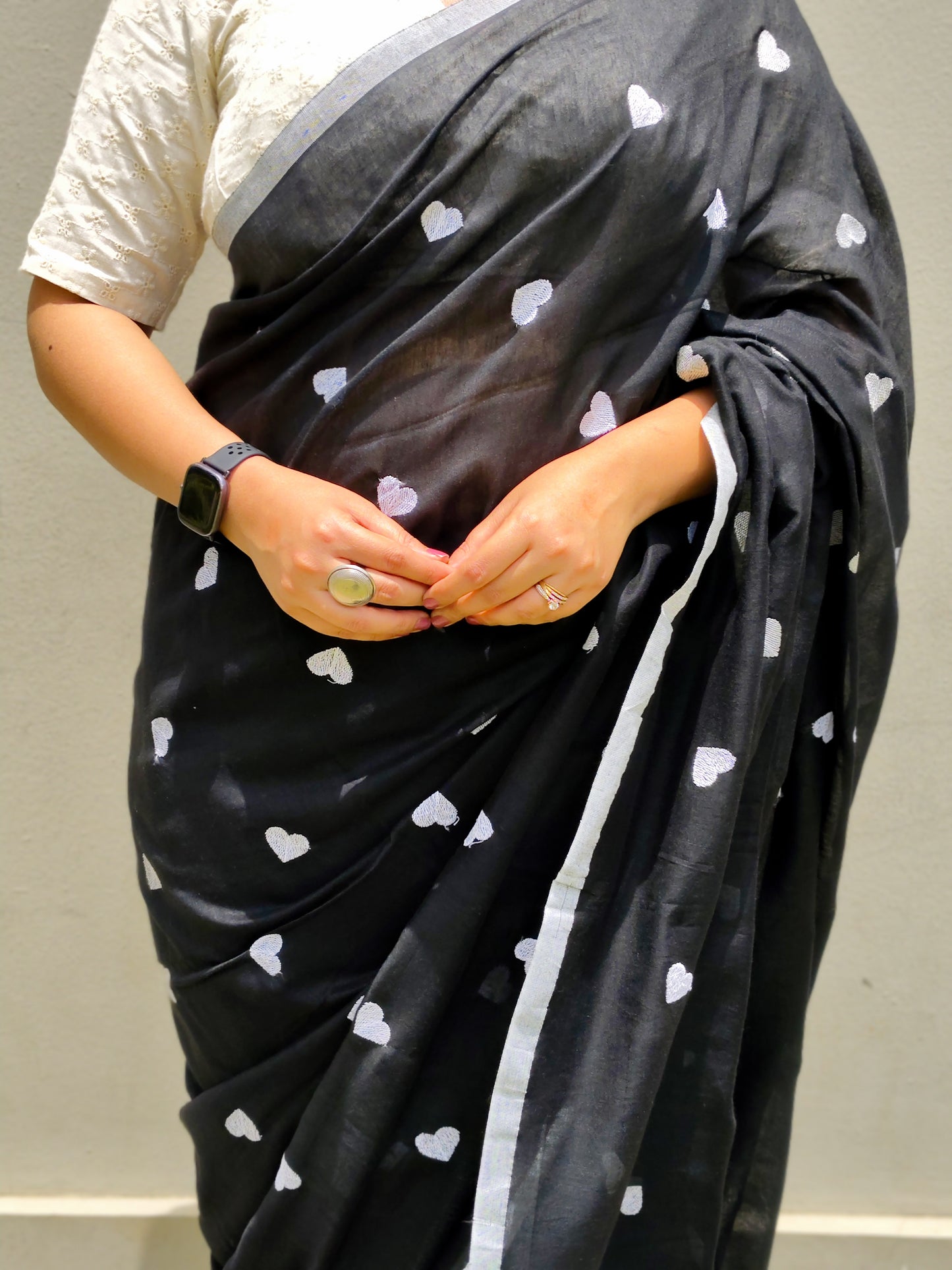 Surkh Black Heart Embroidered Soft Cotton Saree