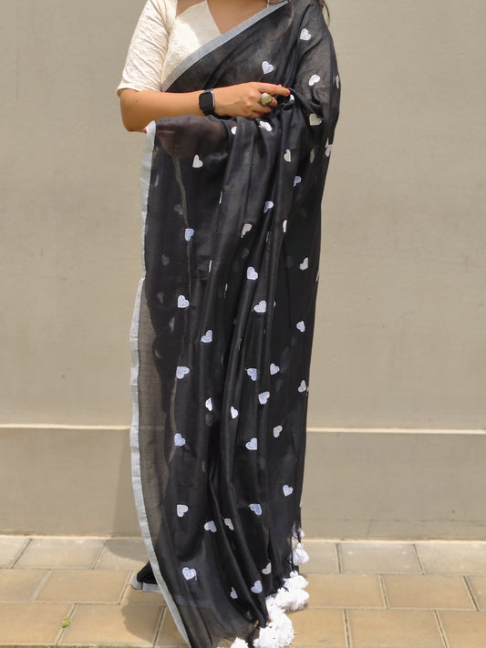 Surkh Black Heart Embroidered Soft Cotton Saree