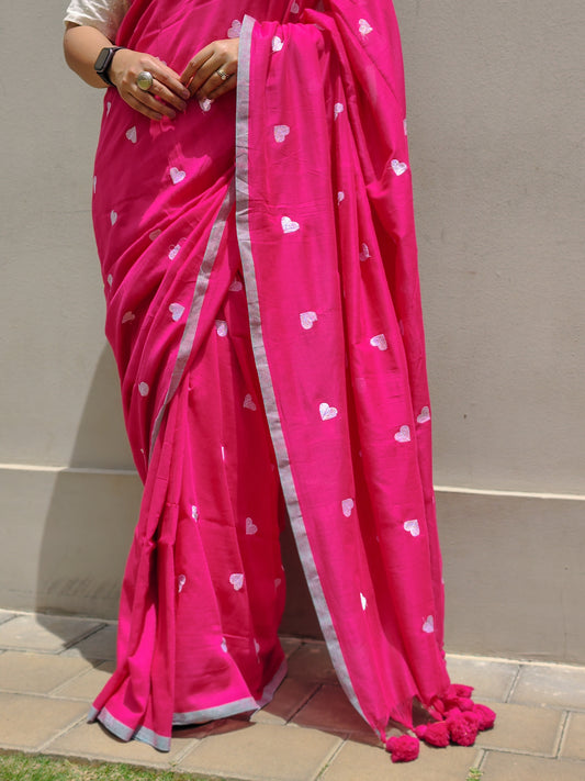 Rani Pink Heart Embroidered Soft Cotton Saree