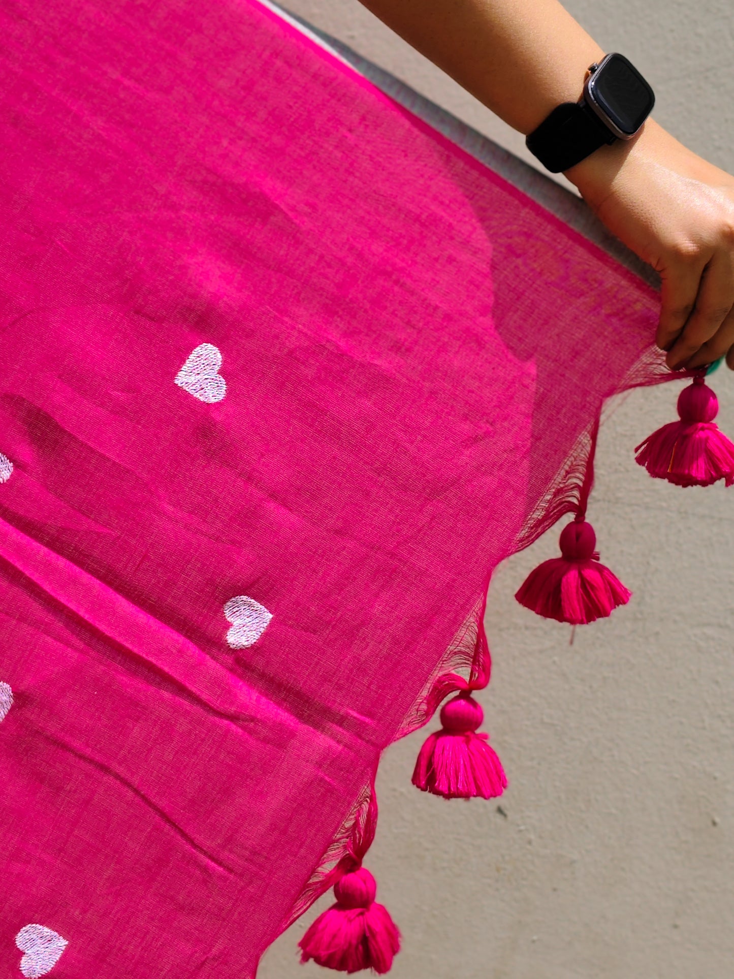 Rani Pink Heart Embroidered Soft Cotton Saree