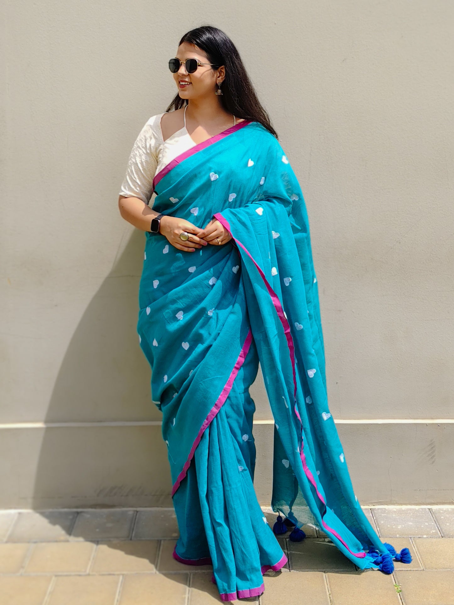 Firozi Heart Embroidered Soft Cotton Saree