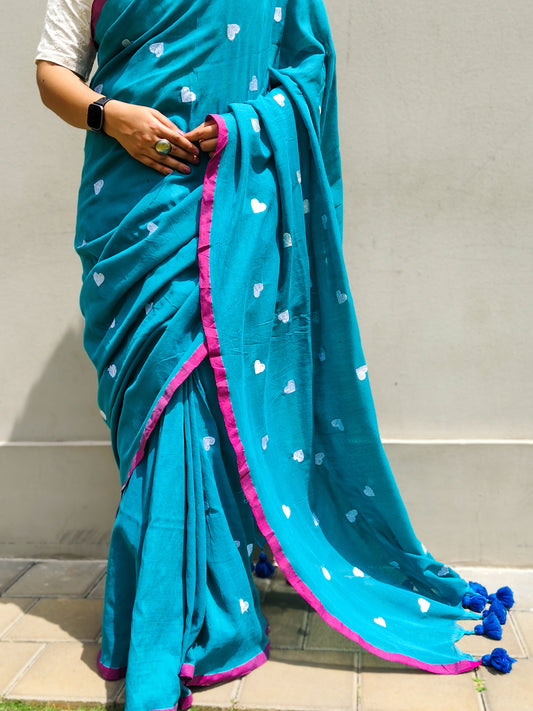 Firozi Heart Embroidered Soft Cotton Saree