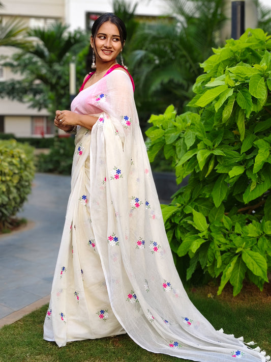 Safed Floral Embroidered Mulmul Cotton Saree