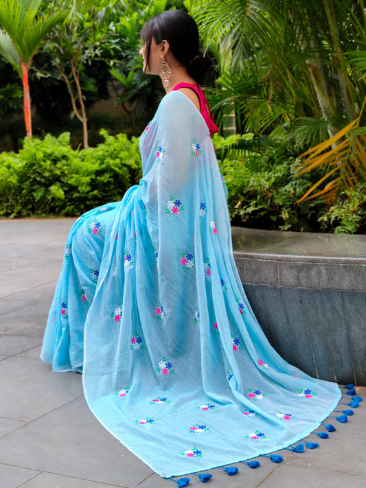 Aasmani Floral Embroidered Mulmul Cotton Saree
