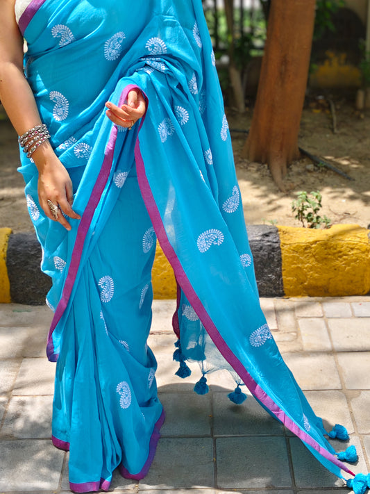 Firozi Ambi Embroidered Soft Cotton Saree