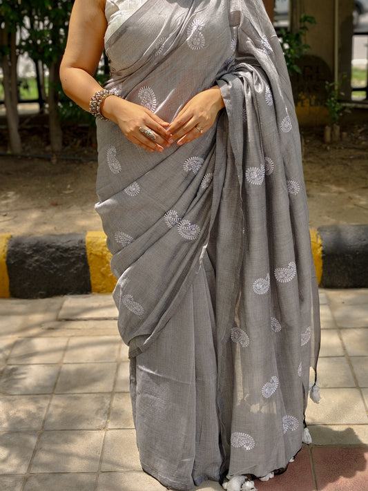 Slaty Grey Ambi Embroidered Soft Cotton Saree
