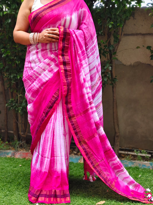 Pink & White Tie Dye Pure Cotton Saree